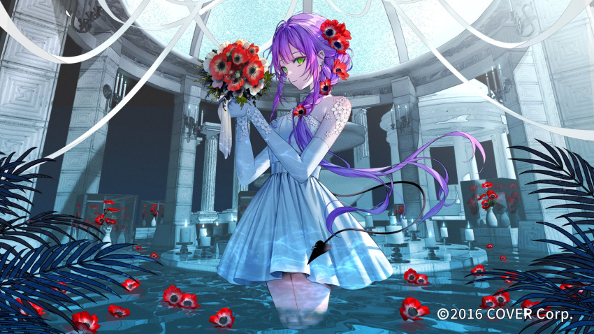 1girl alternate_costume alternate_hairstyle blunt_bangs bouquet braid candle candlestand copyright_name demon_tail dome dress elbow_gloves fern fire flame floral_print flower gloves green_eyes hair_flower hair_ornament highres holding holding_bouquet hololive lace-trimmed_dress lace_trim long_hair looking_at_viewer nekoyama_iori pool purple_hair red_flower side_braid sidelocks solo standing tail tokoyami_towa vase very_long_hair virtual_youtuber wading water white_dress
