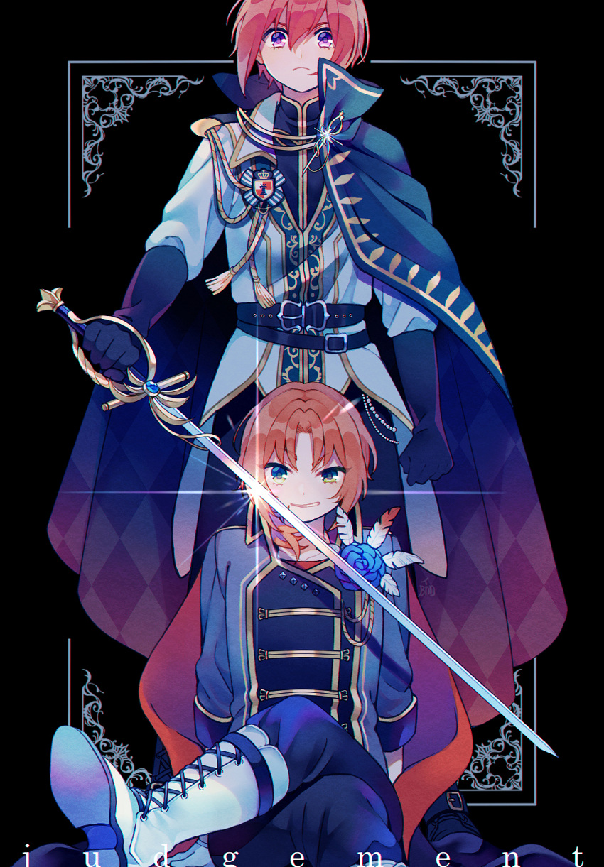 2boys black_background black_gloves blue_cape blue_flower blue_jacket blue_rose cape edward-el ensemble_stars! feathers flower gloves green_eyes highres holding holding_sword holding_weapon jacket long_sleeves low_ponytail male_focus medium_hair multiple_boys orange_hair purple_eyes red_cape red_hair red_shirt rose shirt short_hair smile suou_tsukasa sword teeth the_king's_horseback_ride_(ensemble_stars!) tsukinaga_leo weapon