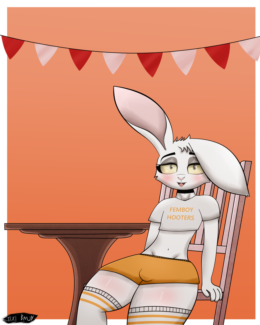 absurd_res anthro femboy_hooters fur hair hi_res lagomorph leporid male mammal rabbit solo texi_(yitexity) tixi_bnuy white_body white_fur white_hair