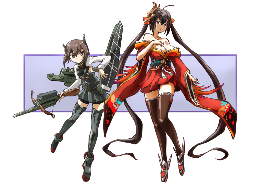 2girls armor azur_lane bike_shorts black_hair black_thighhighs breastplate breasts brown_eyes brown_hair commentary_request crossbow flight_deck full_body grey_shorts grey_thighhighs hair_ornament headband height_difference highres historical_name_connection japanese_clothes kantai_collection kimono large_breasts long_hair machinery multiple_girls name_connection off_shoulder pleated_skirt red_eyes red_kimono red_skirt revision rudder_footwear shorts shorts_under_skirt skirt taiga_hiroyuki taihou_(azur_lane) taihou_(kancolle) thighhighs twintails weapon