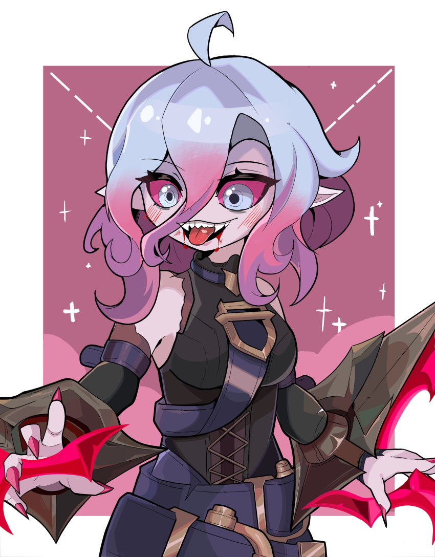 1girl absurdres ahoge beseunaj-jamjaneun_gemdol-i blood blood_on_face breasts briar_(league_of_legends) colored_sclera detached_sleeves fingernails gradient_hair grey_eyes grey_hair hair_between_eyes highres league_of_legends looking_ahead medium_breasts multicolored_hair nail_polish pink_hair pointy_ears red_nails red_sclera sharp_fingernails sharp_teeth smile solo teeth tongue tongue_out two-tone_hair upper_body vampire wrist_cuffs