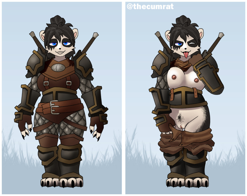 anthro areola armor bear black_body black_fur black_hair blizzard_entertainment blue_eyes bottomwear bottomwear_down breasts claws clothed clothing clothing_lift fantasy female fur genitals giant_panda hair mammal melee_weapon multicolored_body multicolored_fur nipples one_eye_closed pandaren pants pants_down partially_clothed pubes pussy scar solo teasing thecumrat tongue tongue_out topwear two_tone_body two_tone_fur undressing warcraft warrior weapon white_body white_fur wink