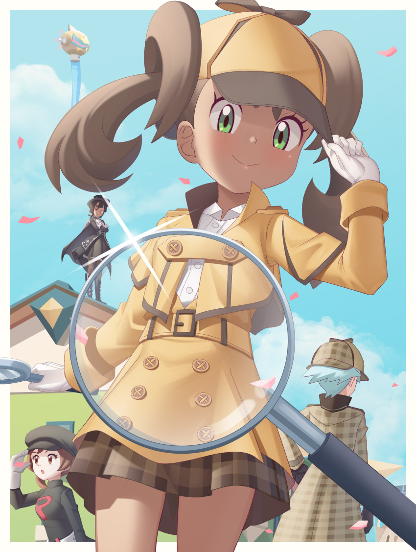 1boy 3girls aircraft belt border brown_hair brown_skirt building buttons closed_mouth cloud collared_shirt commentary_request confetti day dirigible eyelashes gazing_eye glint gloves green_eyes hand_up hat highres holding holding_magnifying_glass jacket long_sleeves looking_at_viewer looking_down lyra_(pokemon) magnifying_glass multiple_girls official_alternate_costume outdoors plaid plaid_skirt pokemon pokemon_(game) pokemon_hgss pokemon_masters_ex shauna_(pokemon) shauna_(special_costume)_(pokemon) shirt skirt sky smile steven_stone steven_stone_(special_costume) team_rocket team_rocket_uniform twintails white_border white_gloves white_shirt yellow_belt yellow_headwear yellow_jacket yellow_skirt zinnia_(pokemon) zinnia_(special_costume)_(pokemon)