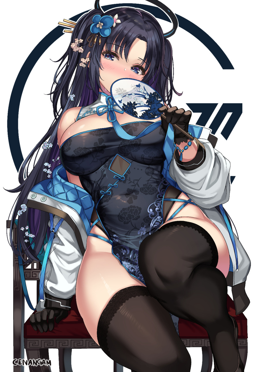 1girl alternate_costume bare_shoulders black_dress black_gloves black_hair black_thighhighs blue_archive blue_eyes blue_hair blush breasts cenangam china_dress chinese_clothes cleavage_cutout clothing_cutout covered_navel covering_mouth dark_blue_hair dress floral_print full-face_blush gloves hand_fan highres holding holding_fan jacket jacket_partially_removed large_breasts long_sleeves looking_at_viewer no_panties off_shoulder on_chair open_clothes open_jacket pelvic_curtain print_dress simple_background sitting skindentation sleeveless sleeveless_dress solo thighhighs thighs transparent_fan tuanshan two_side_up white_jacket yuuka_(blue_archive)