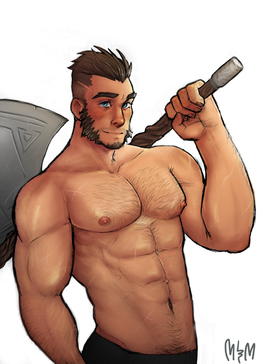 1boy abs alternate_body_hair arm_hair axe bara beard blue_eyes blush brown_hair chest_hair cowboy_shot cross_scar facial_hair gau_(king's_raid) hair_slicked_back hairy highres holding holding_axe king's_raid large_hands large_pectorals long_sideburns looking_at_viewer male_focus mature_male mrcmgpntay muscular muscular_male mustache navel navel_hair nipples over_shoulder pectorals scar scar_on_arm scar_on_chest short_hair sideburns smile solo stomach thick_eyebrows topless_male undercut veins veiny_arms weapon weapon_over_shoulder white_background