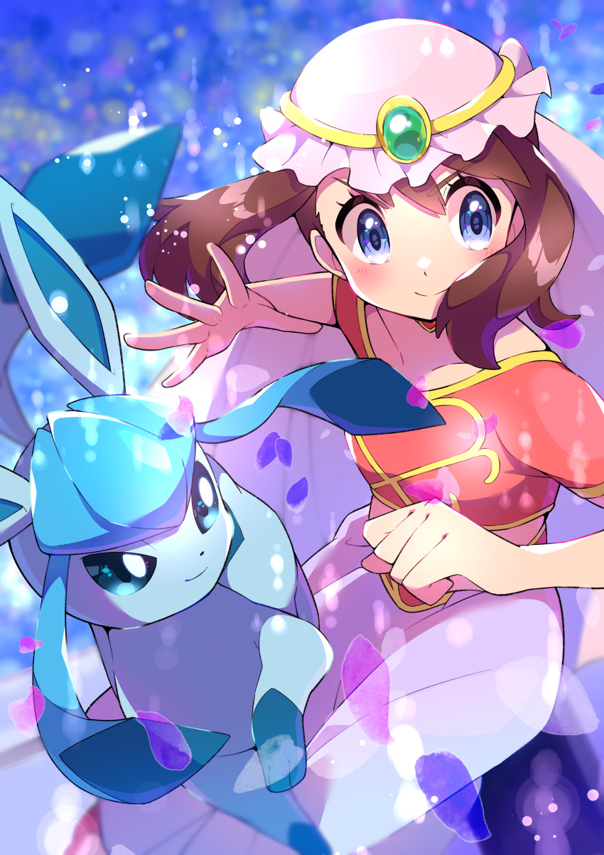 1girl absurdres blue_eyes blurry blush brown_hair clenched_hand closed_mouth collarbone eyelashes floating_hair frills glaceon hands_up highres looking_to_the_side may_(pokemon) petals pokemon pokemon_(anime) pokemon_(creature) pokemon_dppt_(anime) pon_yui short_sleeves skirt smile spread_fingers toes