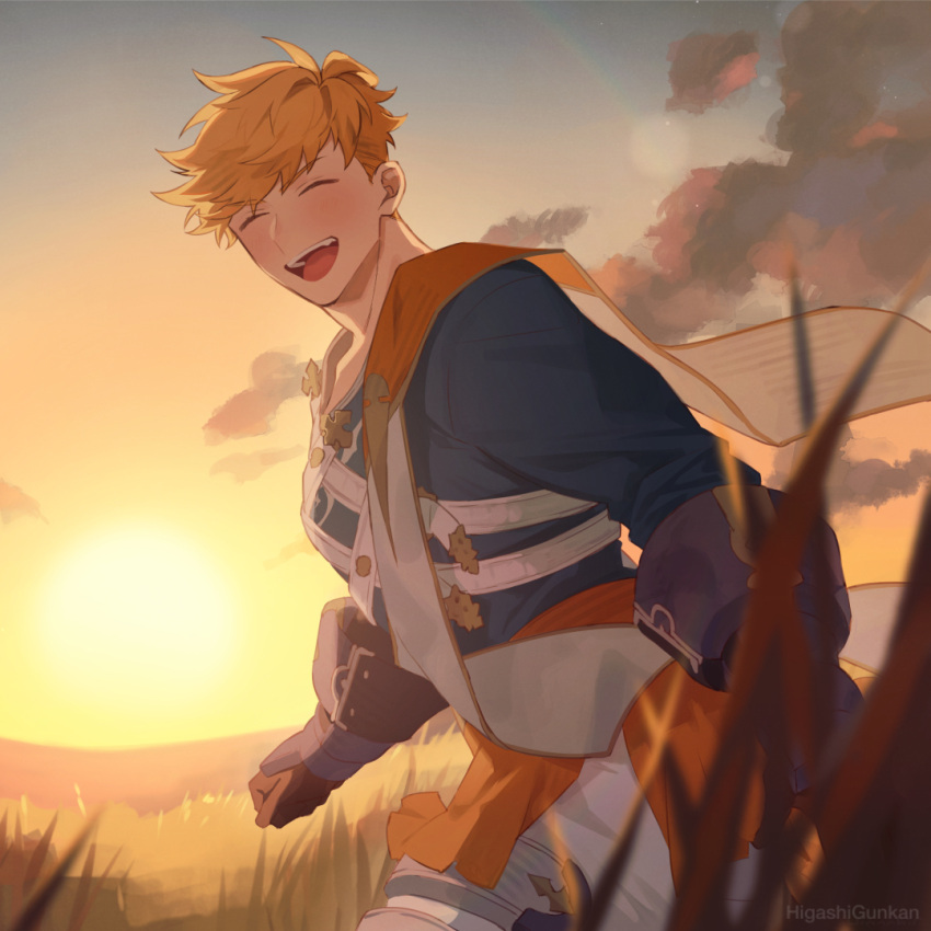 1boy armored_boots artist_name black_shirt blonde_hair boots brown_gloves closed_eyes cloud cropped gloves granblue_fantasy higashigunkan male_focus open_mouth outdoors shirt short_hair sky smile solo sunset vane_(granblue_fantasy)