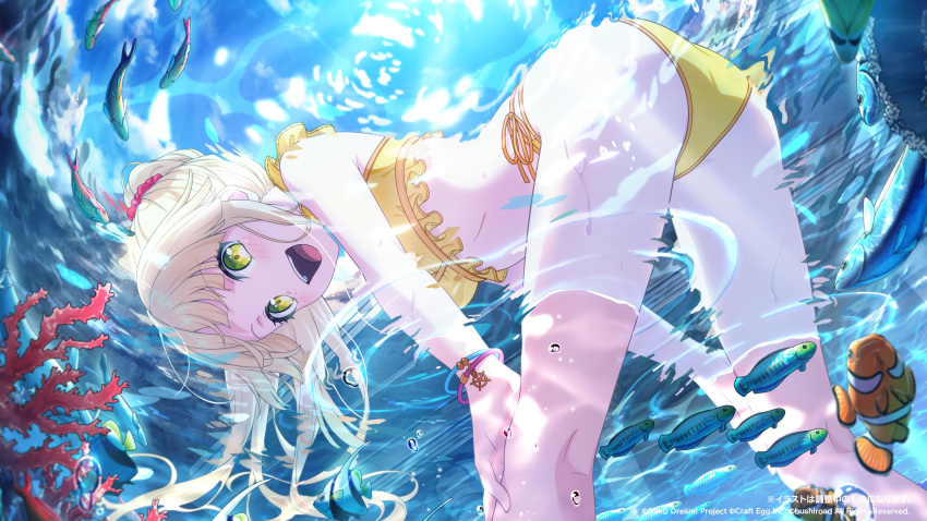 1girl :d absurdres artist_request ass backlighting bang_dream! bent_over bikini blonde_hair blunt_bangs bracelet breasts caustics clownfish copyright_name english_text feet_out_of_frame fish fish_request floating_hair flounder from_below green_eyes half_updo hands_on_own_legs highres jewelry light_blush long_hair looking_at_viewer medium_breasts multiple_bracelets official_alternate_costume official_art partially_underwater_shot pink_scrunchie plant_request ponytail scrunchie side-tie_bikini_bottom smile solo standing sun swimsuit teeth tongue tsurumaki_kokoro underwater upper_teeth_only wading yellow_bikini