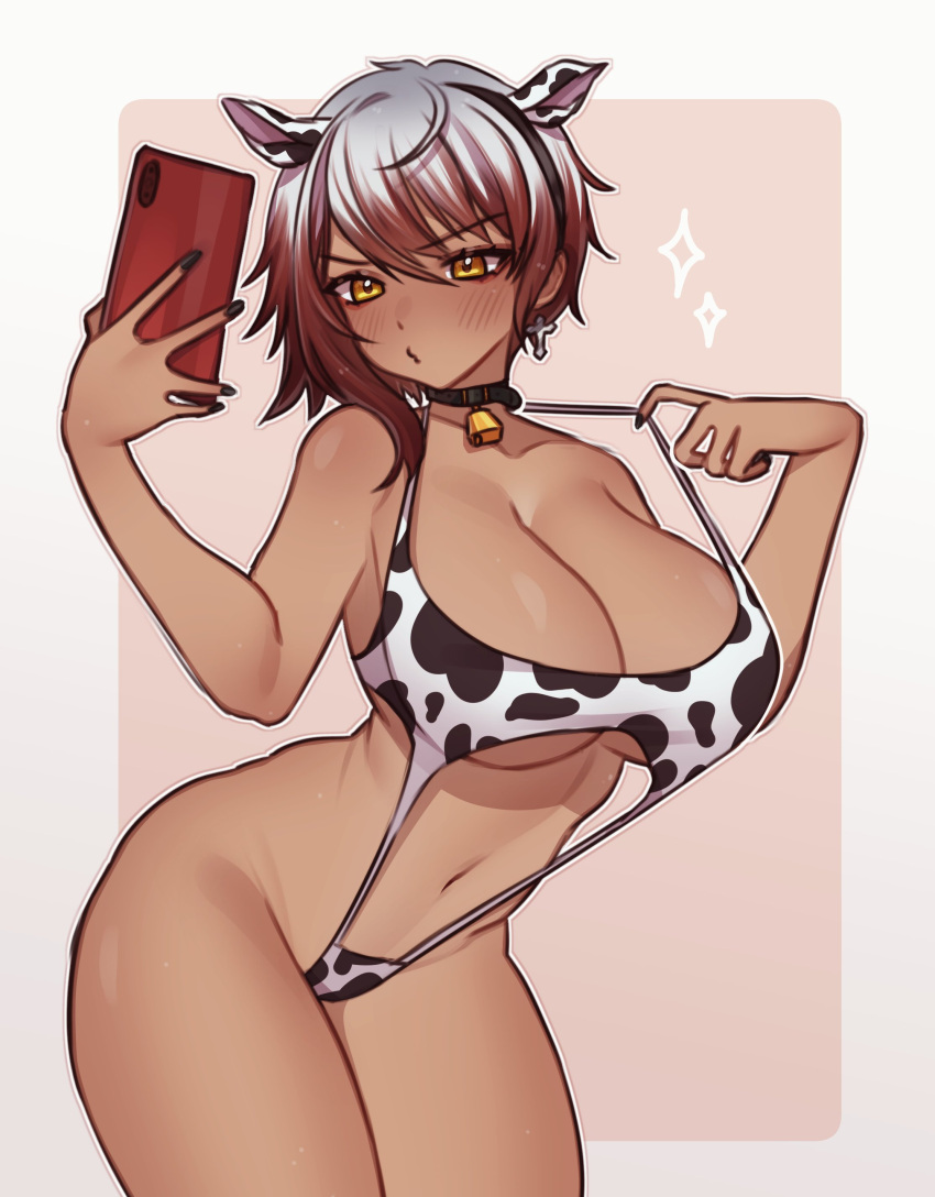 1girl absurdres ahoge animal_ears animal_print bell breasts brown_hair choker cow_ears cow_print cowboy_shot cross cross_earrings dark-skinned_female dark_skin earrings fake_animal_ears grey_hair hair_between_eyes highres holding holding_phone indie_virtual_youtuber jewelry large_breasts navel neck_bell noto_hams one-piece_swimsuit phone savii_(vtuber) short_hair solo swimsuit virtual_youtuber yellow_eyes