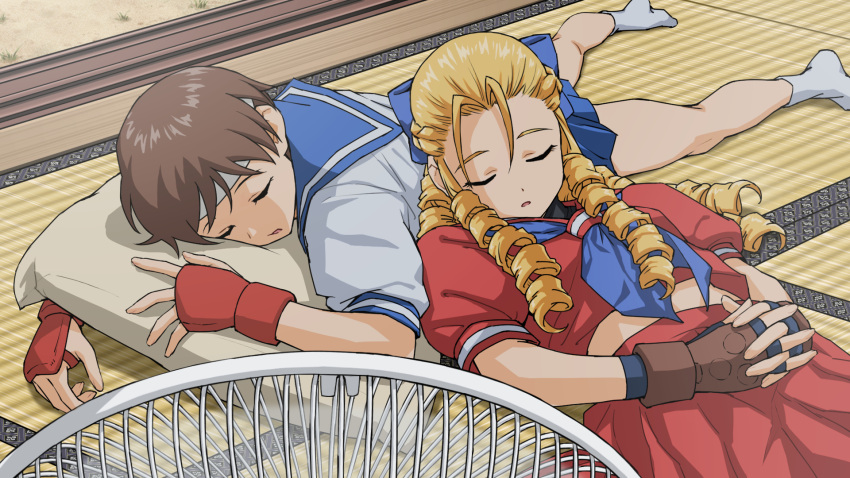 2girls blonde_hair brown_hair electric_fan fingerless_gloves gloves headband highres kanzuki_karin kasugano_sakura lying multiple_girls on_back on_stomach ringlets sailor_collar school_uniform serafuku short_hair sleeping street_fighter street_fighter_zero_(series) tatami x_chitch