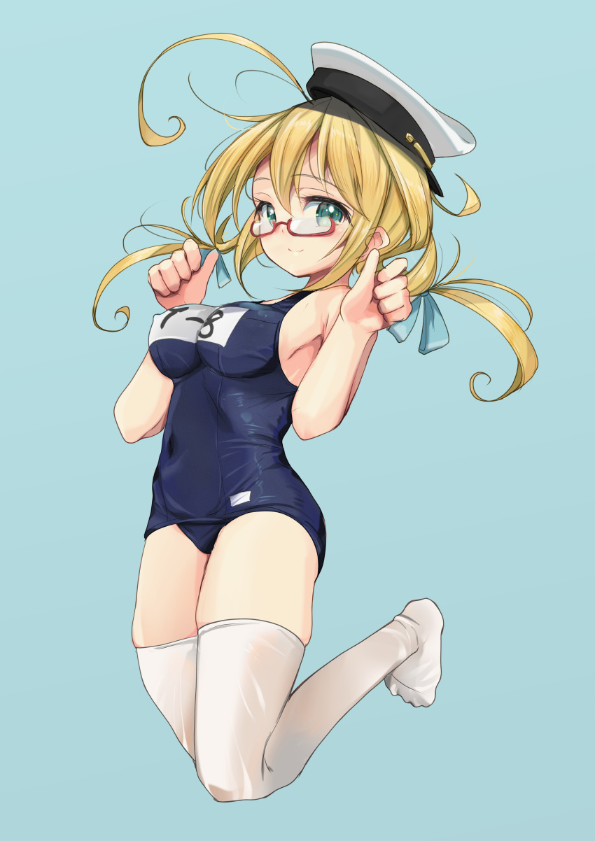 1girl absurdres ahoge blonde_hair blue_background blue_eyes blush breasts commentary glasses hair_ribbon hat highres i-8_(kancolle) kantai_collection low_twintails medium_breasts name_tag no_shoes one-piece_swimsuit peaked_cap red-framed_eyewear ribbon sailor_hat school_swimsuit semi-rimless_eyewear short_hair simple_background smile solo swimsuit thighhighs tri_tails twintails under-rim_eyewear white_thighhighs yashin_(yasinz)