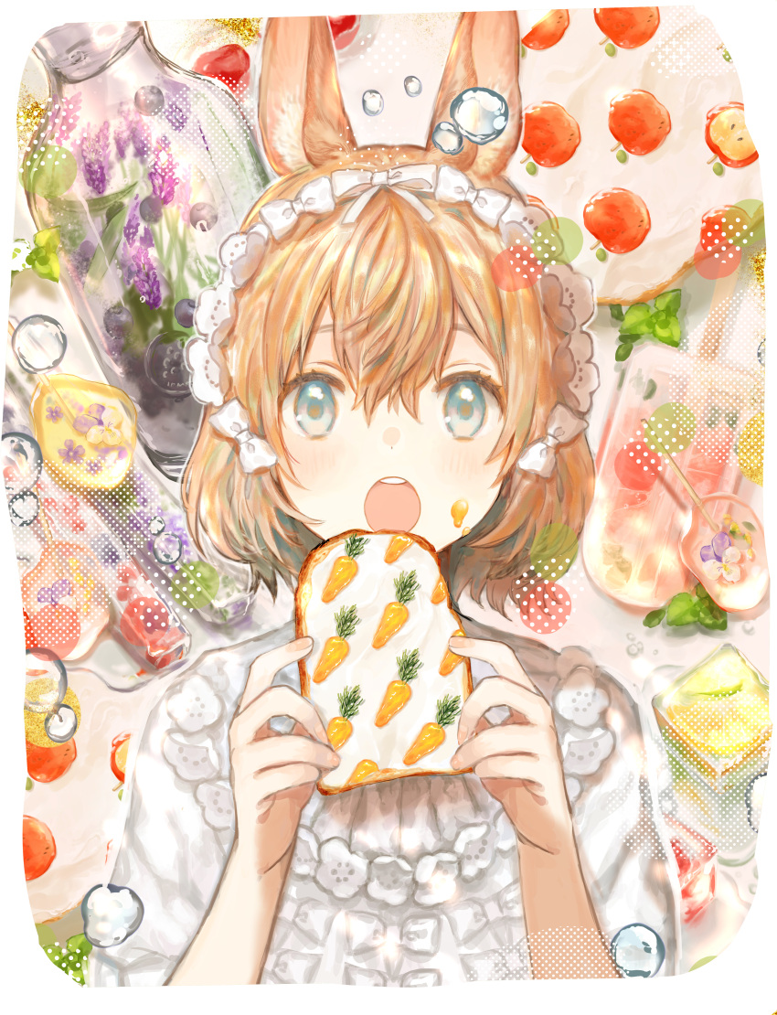 1girl absurdres air_bubble animal_ears apple aqua_eyes blueberry bob_cut border bottle bow bubble canarinu candy carrot eating fingernails flower flower_trim food food_art food_on_face fruit hair_between_eyes hair_bow hairband herbarium highres holding holding_food ice ice_cube lavender_(flower) lolita_hairband lollipop mint open_mouth orange_hair original pansy popsicle purple_flower rabbit_ears rabbit_girl shirt shirt_bow short_hair solo teeth toast upper_body upper_teeth_only white_border white_bow white_shirt