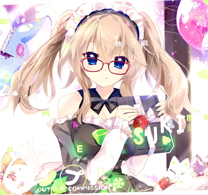 1girl 9-nine- bare_shoulders black_collar black_dress black_ribbon blush box breasts cleavage closed_mouth collar commentary_request detached_collar dress eyelashes eyes_visible_through_hair flower gift gift_box glasses hair_between_eyes highres holding holding_gift imoe_(1017933989) indoors kujou_miyako large_breasts light_brown_hair long_hair looking_at_viewer maid maid_headdress neck_ribbon official_alternate_costume official_alternate_hairstyle open_mouth red-framed_eyewear red_flower red_rose ribbon rose sidelocks smile solo straight-on twintails upper_body variant_set wavy_hair