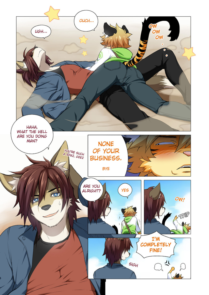 anthro canid canine canis clothing comic domestic_dog felid hi_res male mammal pantherine powfooo text tiger