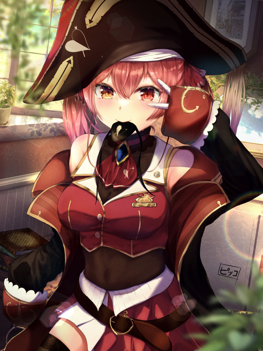 1girl absurdres arrow_through_heart ascot bare_shoulders bicorne blurry book breasts cleavage coat commentary_request depth_of_field eyepatch eyepatch_removed gloves hair_ribbon hat heterochromia highres hololive houshou_marine lens_flare leotard leotard_under_clothes mouth_hold off_shoulder piccolo_(gvgk8874) picture_(object) plant pleated_skirt red_coat red_eyes red_hair revision ribbon see-through see-through_leotard skirt smile solo twintails v virtual_youtuber white_gloves window