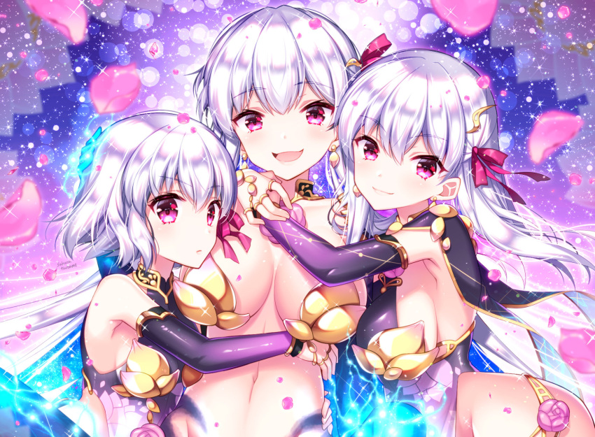 3girls armlet armor bare_shoulders bikini_armor blue_hair blue_skin blush body_markings bracelet breasts circlet cleavage closed_mouth collar colored_inner_hair colored_skin detached_sleeves dress earrings fate/grand_order fate_(series) floral_print flower gradient_skin hair_ribbon highres hug jewelry kama_(fate) kama_(first_ascension)_(fate) kama_(second_ascension)_(fate) kama_(third_ascension)_(fate) large_breasts long_hair looking_at_viewer lotus metal_collar multicolored_hair multiple_girls multiple_persona navel open_mouth pelvic_curtain petals pink_ribbon purple_dress purple_sleeves red_eyes revision ribbon ring sakura_tsubame short_hair small_breasts smile sparkle two-tone_hair white_hair