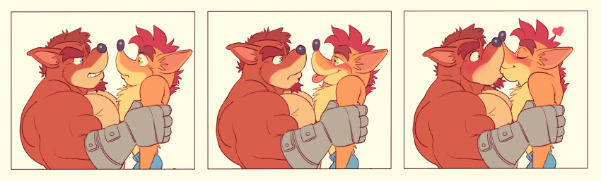 &lt;3 activision anthro bandicoot beard bedroom_eyes biceps big_muscles black_nose blue_eyes blush bottomwear brown_body brown_fur brown_hair clothing crash_bandicoot crash_bandicoot_(series) crunch_bandicoot cybernetic_arm cybernetic_limb duo facial_hair fur green_eyes hair half-closed_eyes hi_res kiss_on_lips kissing larger_male male male/male mammal marsupial mezcal_(artist) muscular muscular_anthro muscular_male narrowed_eyes pants pecs red_body red_fur red_hair seductive simple_background size_difference smaller_male smile tongue tongue_out