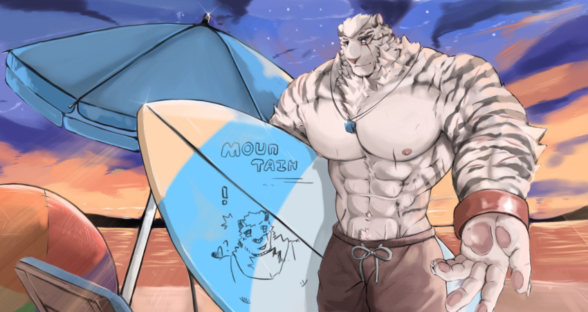1boy abs animal_ears arknights bara beach beach_umbrella beckoning brown_male_swimwear bryanj0212 facial_hair feet_out_of_frame furry furry_male goatee highres holding holding_surfboard large_hands large_pectorals lifeguard male_focus male_swimwear merchandise mountain_(arknights) muscular muscular_male nipples outstretched_hand pectorals reaching_towards_viewer scar scar_across_eye scar_on_arm short_hair solo stomach sunset surfboard swim_trunks thick_eyebrows tiger_boy tiger_ears topless_male umbrella whistle whistle_around_neck white_hair