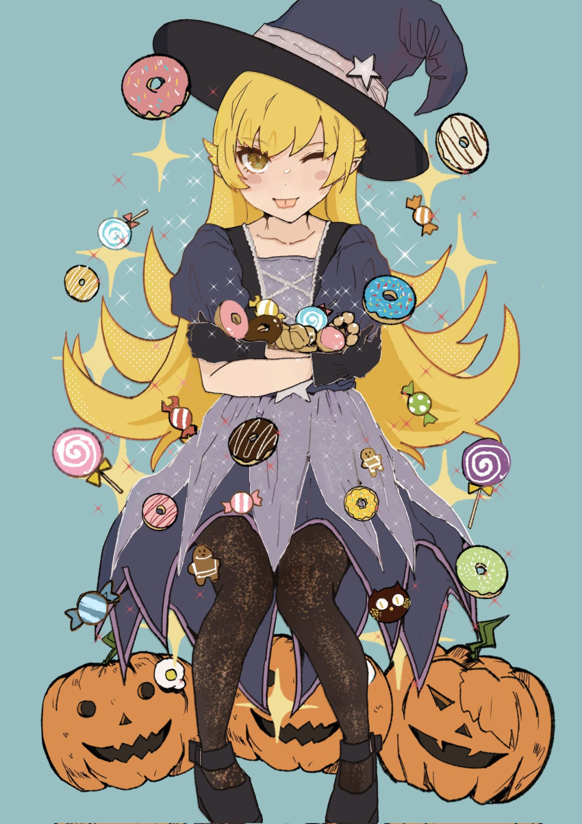 1girl alternate_costume aqua_background araragi_karen araragi_koyomi araragi_tsukihi black_footwear black_gloves blonde_hair blue_dress blush_stickers brown_eyes brown_pantyhose candy collarbone doughnut dress eyelashes food full_body gingerbread_man gloves hat highres holding invisible_chair jack-o'-lantern knees_together_feet_apart lollipop long_hair monogatari_(series) one_eye_closed oshino_shinobu pantyhose puffy_short_sleeves puffy_sleeves purple_headwear short_sleeves simple_background sitting solo sparkle tilted_headwear tongue tongue_out valhalla0707 very_long_hair witch_hat