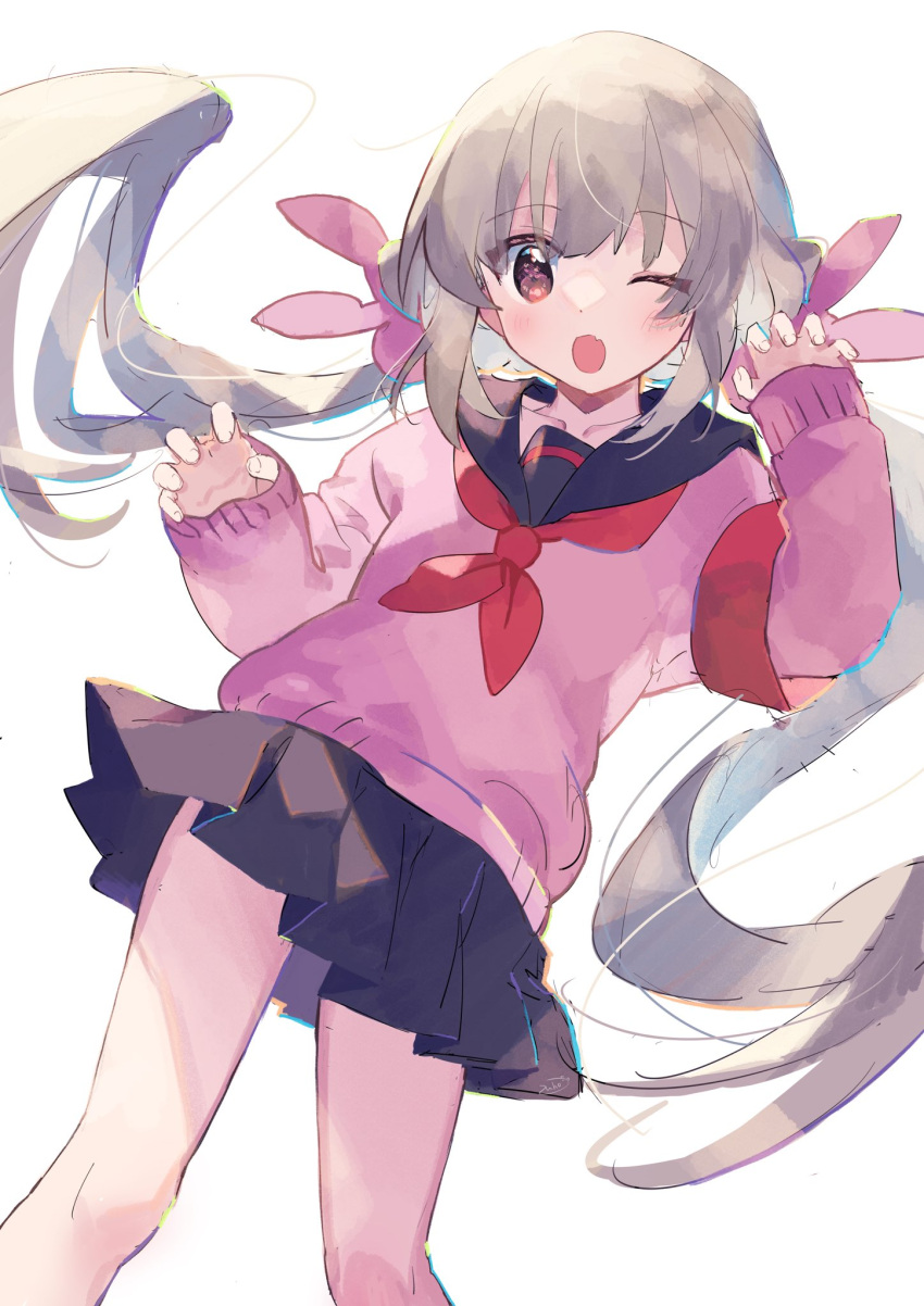 1girl ;d armband black_sailor_collar black_skirt blush brown_eyes claw_pose commentary floating_hair grey_hair hair_ornament hands_up highres long_hair long_sleeves looking_at_viewer low_twintails natori_sana neckerchief official_alternate_costume one_eye_closed open_mouth pink_sweater pleated_skirt rabbit_hair_ornament red_armband red_neckerchief sailor_collar sana_channel school_uniform serafuku simple_background skirt smile solo standing sweater twintails very_long_hair virtual_youtuber white_background zuho_(vega)