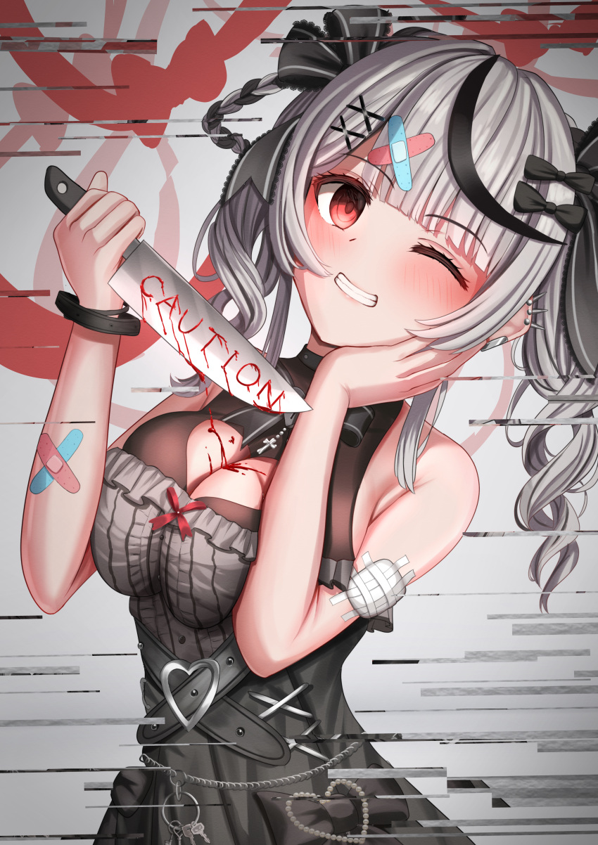 1girl absurdres bandaid bandaid_hair_ornament bandaid_on_arm black_dress black_hair blood blood_on_breasts blush breasts caution cleavage cleavage_cutout clothing_cutout dress drill_hair ear_piercing frilled_sleeves frills grey_hair hair_ornament hand_on_own_face heart_cutout highres holding holding_knife hololive kitchen_knife knife large_breasts medium_hair multicolored_hair official_alternate_costume one_eye_closed piercing red_eyes sakamata_chloe sakamata_chloe_(3rd_costume) sleeveless sleeveless_dress smile solo streaked_hair twin_drills virtual_youtuber x_hair_ornament yutakafugu_tetoro