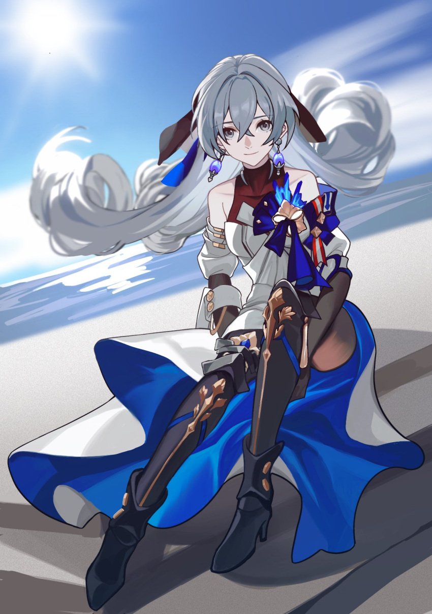 1girl bare_shoulders black_footwear black_headwear boots breasts bronya_rand closed_mouth collarbone dress earrings elbow_gloves full_body gloves grey_eyes grey_hair hair_between_eyes hands_under_legs high_heels highres honkai:_star_rail honkai_(series) jewelry medium_breasts mie_xing sitting sky smile solo white_dress wind