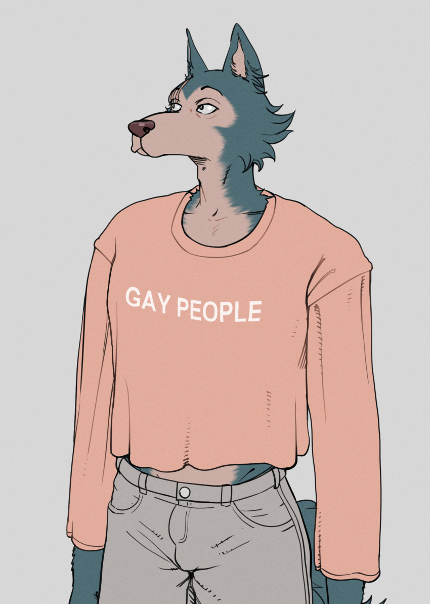 anthro beastars bottomwear canid canine canis clothing english_text hi_res humor legoshi_(beastars) male mammal neutral_expression pants scar shirt smagma solo text topwear wolf