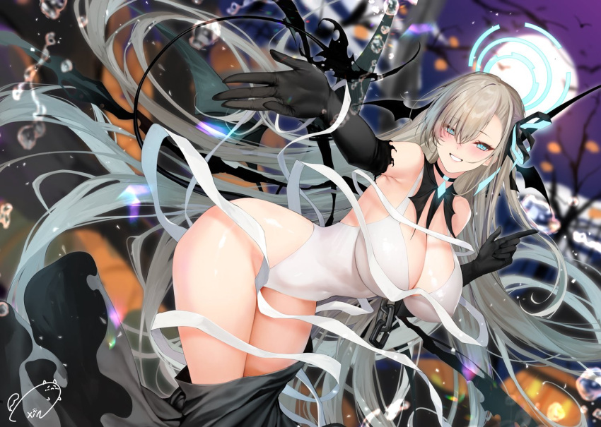 1girl absurdly_long_hair alternate_costume asuna_(blue_archive) bent_over black_choker black_gloves blue_archive blue_eyes breasts chain choker cleavage elbow_gloves feet_out_of_frame full_moon gloves halloween_costume huge_breasts impossible_clothes impossible_leotard leotard light_brown_hair long_hair moon night night_sky obiwan signature sky smile solo very_long_hair weisuoxin white_leotard