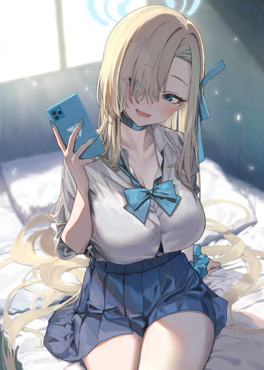 1girl absurdres aqua_bow aqua_bowtie asuna_(blue_archive) asymmetrical_bangs baffu bed_sheet blonde_hair blue_archive blue_skirt blush bow bowtie breasts cellphone choker cleavage collarbone hair_over_one_eye halo head_tilt highres holding holding_phone indoors large_breasts light_particles long_bangs long_hair looking_at_viewer loose_bowtie on_bed open_collar phone pillow pleated_skirt school_uniform scrunchie shirt shirt_tucked_in sitting skirt smile solo sunlight very_long_hair white_shirt wrist_scrunchie