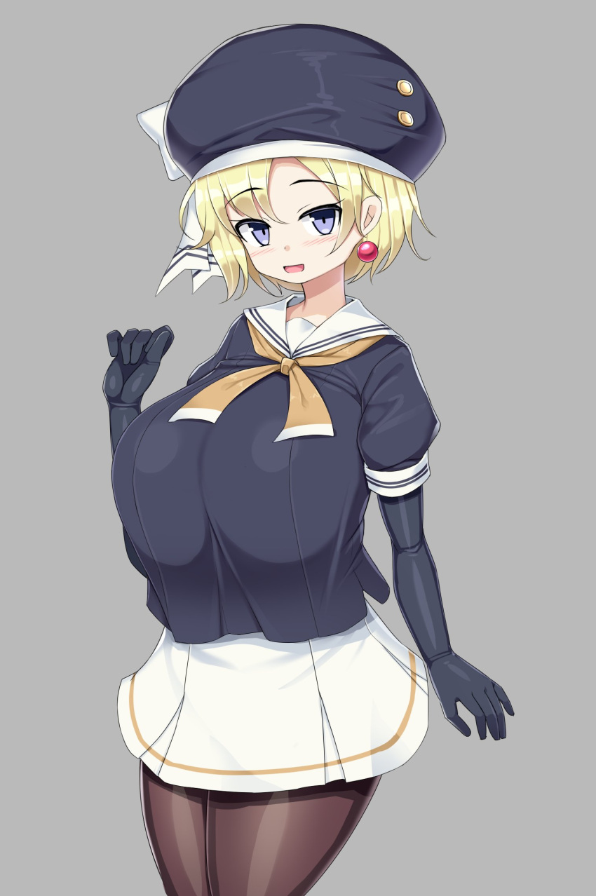 1girl black_gloves black_headwear blonde_hair blue_eyes blush breasts earrings final_fantasy final_fantasy_vi gloves hat highres huge_breasts jewelry looking_at_viewer open_mouth pantyhose relm_arrowny sawati skirt smile solo white_skirt