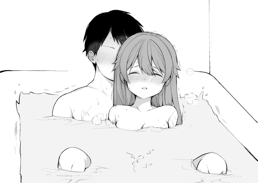 1boy 1girl absurdres bath bathing bathtub blush breasts cleavage closed_eyes collarbone commentary_request completely_nude couple faceless faceless_male greyscale hetero highres implied_sex medium_breasts mixed_bathing monochrome nude original short_hair toru_nagase water