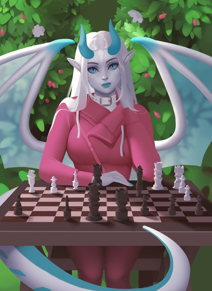 absurd_res alternate_version_at_source animal_humanoid blue_eyes blue_lips chair chess chess_board chess_piece clothing collar dragon dragon_humanoid female frieder1 furniture hair hi_res horn humanoid humanoid_pointy_ears lips long_ears long_hair park pink_clothing plant rylai_the_pokegirl scales scalie sitting solo western_dragon white_collar white_hair wings