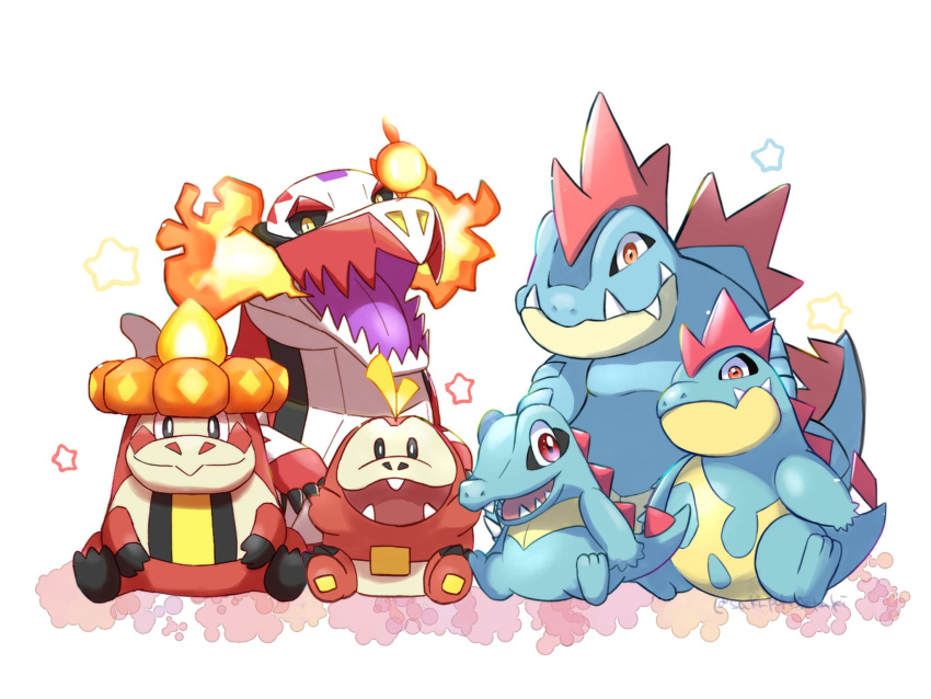 black_eyes blue_skin colored_skin crocalor crocodilian croconaw fangs feraligatr fuecoco highres long_tail no_humans pokemon pokemon_(creature) red_eyes red_skin saki_pokeoekaki skeledirge skin_fangs spines tail totodile yellow_eyes