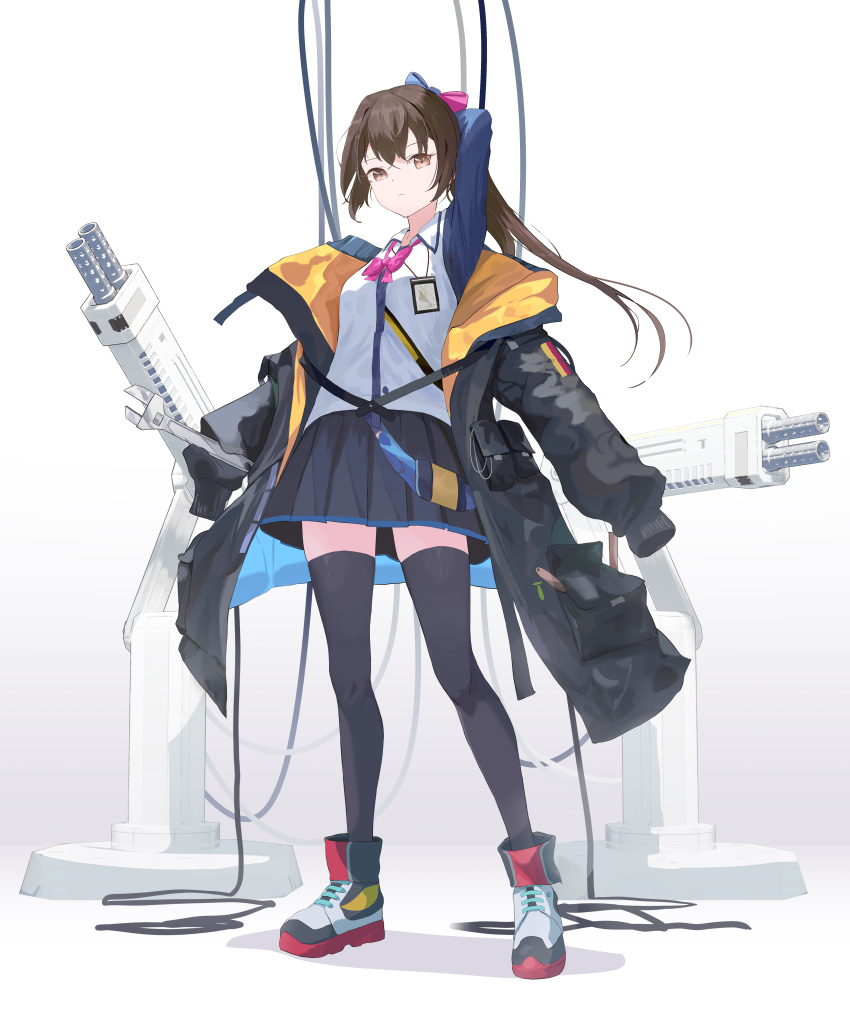 1girl absurdres ankle_boots arm_up black_footwear boots bow bowtie closed_mouth full_body german_flag gun hair_bow highres holding long_hair long_sleeves mecha_musume miniskirt original pink_bow pink_bowtie pleated_skirt ponytail raglan_sleeves ryeon_(bluetom1) shirt simple_background skirt sleeves_past_wrists solo standing weapon white_background white_footwear white_shirt wire wrench zettai_ryouiki