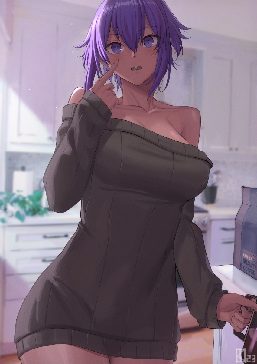 1girl absurdres bare_shoulders black_sweater blush breasts collarbone dark-skinned_female dark_skin fate/grand_order fate_(series) hassan_of_serenity_(fate) highres kakeku long_sleeves looking_at_viewer medium_breasts off-shoulder_sweater off_shoulder open_mouth pointing pointing_at_self purple_eyes purple_hair short_hair sidelocks solo sweater