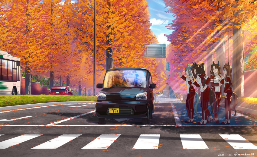 1boy 5girls =_= animal_ears arm_at_side breasts brown_hair bus car crosswalk dated day domino_mask el_condor_pasa_(umamusume) elbow_rest grass_wonder_(umamusume) hair_ornament hairclip heel_up highres horse_ears horse_girl horse_tail jacket king_halo_(umamusume) long_hair long_sleeves looking_at_another male_child mask motor_vehicle multiple_girls one_side_up open_mouth outdoors pants pointing pointing_at_self ponytail red_jacket red_pants road seiun_sky_(umamusume) shoes short_hair small_breasts smile sneakers standing sunlight tail takuzui track_suit tree twitter_username umamusume waving white_footwear