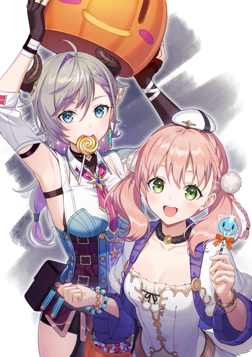 2girls :d absurdres ahoge armpits atelier_(series) atelier_escha_&amp;_logy atelier_resleriana bag bead_bracelet beads belt black_shorts blue_coat blue_eyes blush bracelet braid breasts broken_horn candy choker cleavage clothing_cutout coat collarbone commentary_request cotton_ball demon_horns dress eating escha_malier food gloves green_eyes hair_between_eyes halloween halloween_bucket hat highres holding holding_candy holding_food holding_lollipop horns jewelry lollipop long_sleeves looking_at_viewer medium_breasts multicolored_hair multiple_belts multiple_girls open_mouth pink_hair promotional_art purple_hair short_hair shorts sideboob simple_background small_breasts smile sparkle star_(symbol) swirl_lollipop tokki twintails two-tone_hair valeria_(atelier) vial white_background white_dress white_hair