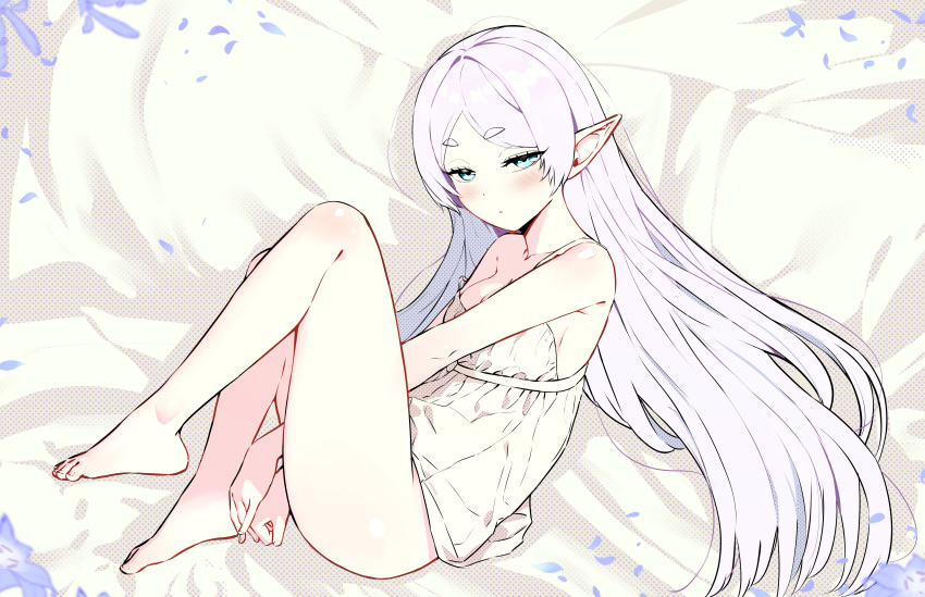 1girl absurdres bare_arms bare_legs bare_shoulders barefoot between_legs blush breasts chemise closed_mouth collarbone elf feet frieren full_body half-closed_eyes hand_between_legs highres long_hair looking_at_viewer mr_tangsuyuk pointy_ears small_breasts solo sousou_no_frieren thighs white_chemise white_hair