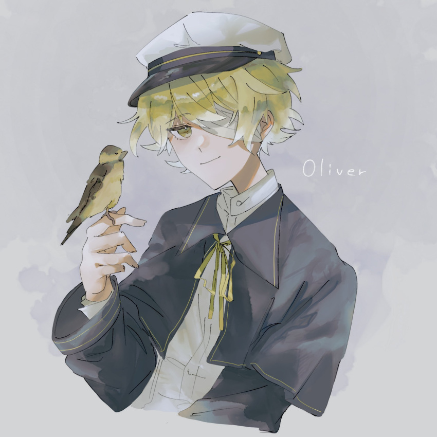 1boy bandage_over_one_eye bird bird_on_hand blonde_hair blue_capelet blue_jacket capelet character_name coat collared_shirt finch grey_background hat highres jacket looking_at_viewer male_focus oliver_(vocaloid) r_grey1204 ribbon sailor_hat shirt smile upper_body vocaloid white_shirt yellow_eyes yellow_ribbon