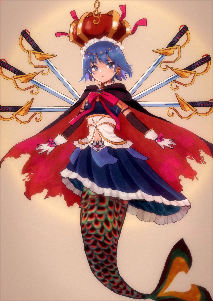 1girl aisucremee alternate_form blue_eyes blue_hair blue_skirt bow bowtie cape cloak crown dot_mouth earrings fins fish_tail fortissimo full_body gloves highres jewelry looking_at_viewer mahou_shoujo_madoka_magica mahou_shoujo_madoka_magica_(anime) miki_sayaka navel oktavia_von_seckendorff outstretched_arms pink_bow pink_bowtie red_cape skirt solo spread_arms sword tail torn_cloak torn_clothes weapon white_gloves