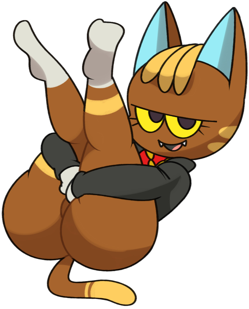 animal_crossing anthro big_butt big_sister_villager blonde_hair blue_ears bottomless brown_body butt clothed clothing digital_media_(artwork) domestic_cat fangs featureless_crotch felid feline felis female fur hair hi_res katt_(animal_crossing) legs_up looking_at_viewer mammal nintendo open_mouth simple_background smile solo stripes teeth video_games vilepluff white_background white_feet white_hands yellow_eyes