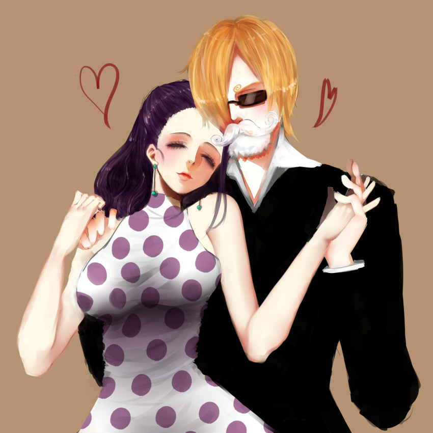 1boy 1girl 8chinchin asymmetrical_bangs bare_shoulders black_hair blonde_hair blush closed_eyes closed_mouth commentary curly_eyebrows dress earrings facial_hair fake_facial_hair fake_mustache formal hair_over_one_eye heart highres holding_hands jewelry long_hair one_piece parted_bangs polka_dot ring sanji_(one_piece) short_hair suit sunglasses viola_(one_piece)