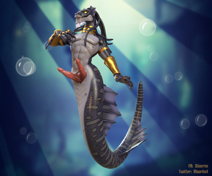 2_penises 3d_(artwork) action_pose animal_genitalia animal_penis anthro apode arm_fins armband armor bracers bubble choker clawed_fingers deity digital_media_(artwork) draconcopode erection fin floating genital_slit genitals gold_(metal) gold_armband gold_choker gold_jewelry gold_necklace grey_body grey_scales head_fin hemipenes hi_res icaxhu iviking jewelry legless long_tail looking_at_viewer male marine maurlim membrane_(anatomy) multi_genitalia multi_penis muscular muscular_anthro muscular_male naga neck_ring necklace penis pose pseudo_hair reptile ring scales scalie sea serpentine slit snake split_form tail teeth tentacle_hair tentacles tongue underwater vrchat_model water webbed_hands yellow_eyes