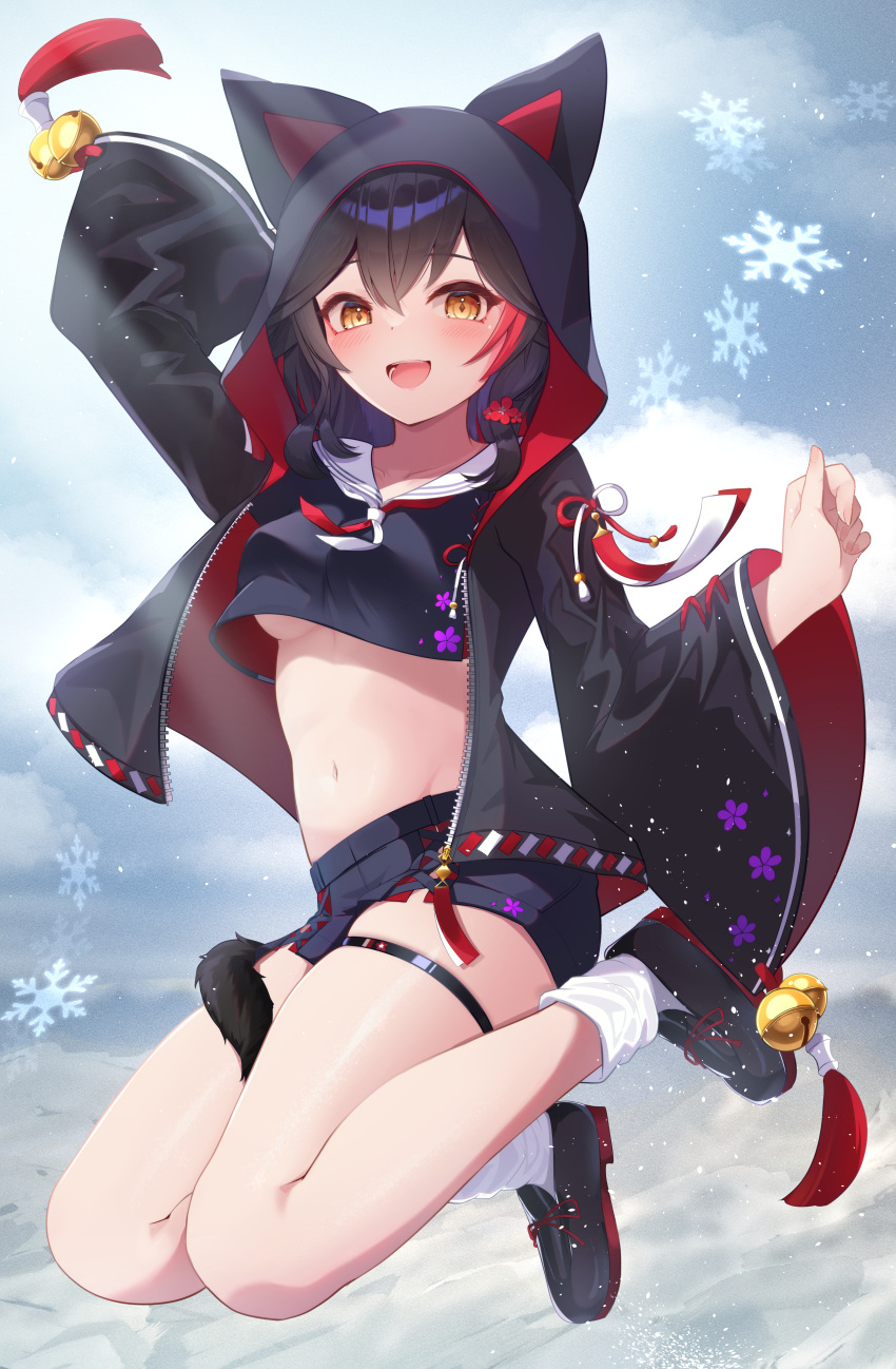 1girl absurdres akuame_(ring3922) animal_ears black_footwear black_hair black_jacket black_shirt black_shorts blush breasts cropped_shirt highres hololive jacket looking_at_viewer medium_breasts medium_hair multicolored_hair official_alternate_costume ookami_mio ookami_mio_(7th_costume) open_mouth red_hair shirt shoes short_shorts shorts smile socks solo streaked_hair tail tail_around_own_leg thigh_strap virtual_youtuber white_socks wolf_ears wolf_girl wolf_hood wolf_tail
