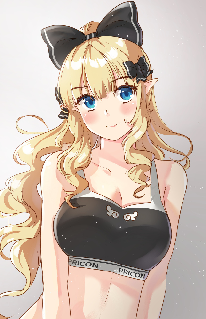 1girl absurdres bare_arms bare_shoulders black_bow blonde_hair blue_eyes bow breasts cleavage closed_mouth commentary_request copyright_name gradient_background grey_background hair_between_eyes hair_bow head_tilt highres holmemee long_hair medium_breasts pointy_ears ponytail princess_connect! saren_(princess_connect!) solo sports_bra upper_body very_long_hair wavy_hair