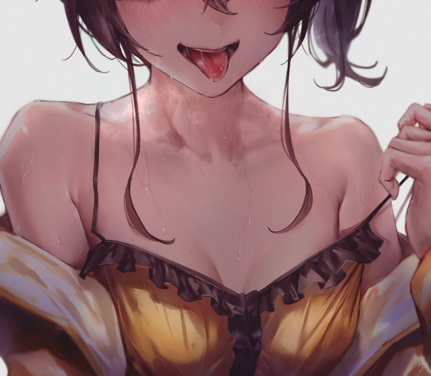 1girl bare_shoulders black_trim blush breasts camisole cleavage close-up collarbone frilled_camisole frills hair_between_eyes highres hololive hyde_(tabakko) jacket natsuiro_matsuri natsuiro_matsuri_(matsuri's_day_off) off_shoulder saliva short_hair_with_long_locks simple_background small_breasts solo spaghetti_strap strap_pull sweat tongue tongue_out virtual_youtuber white_background yellow_camisole yellow_jacket