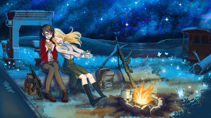 2girls absurdres artist_name backpack bag black_hair blonde_hair blue_eyes bonfire boots brown_eyes bug burger butterfly camping closed_eyes coffee coffee_mug cup english_commentary food grass gun heterochromia highres holding holding_cup horizon jacket kamikoshi_sorawo kettle leaning_on_person log long_hair looking_at_another medium_hair mug multiple_girls night night_sky nishina_toriko open_mouth outdoors pants rifle ruins shirt shoes sitting skirt sky smile star_(sky) starry_sky tent thermos tofufuyu_0112 urasekai_picnic weapon yuri