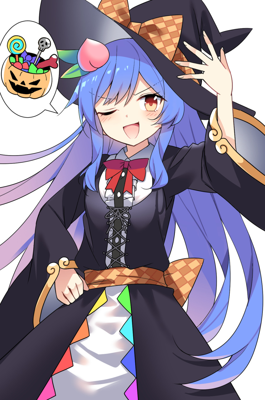 ;d blue_hair e.o. halloween highres hinanawi_tenshi long_hair looking_at_viewer one_eye_closed simple_background smile touhou white_background