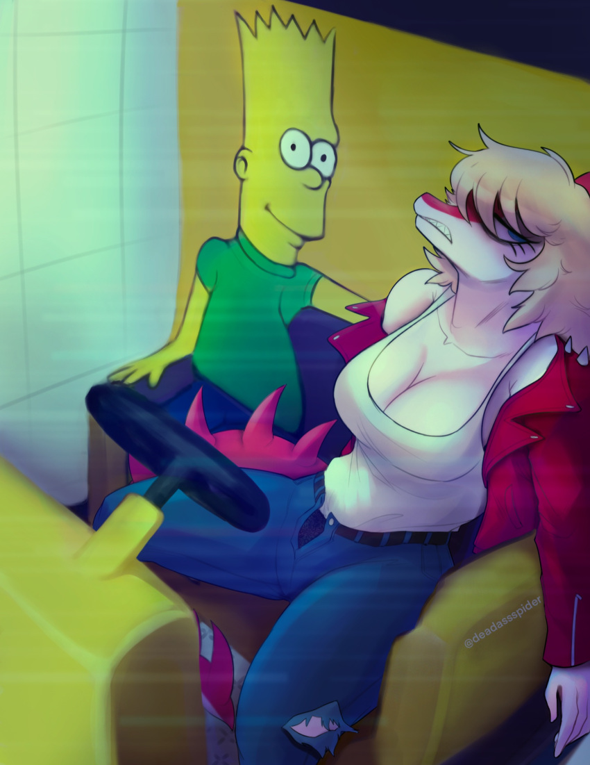 5_fingers anthro bart_simpson blonde_hair blue_eyes bottomwear breasts cleavage clenched_teeth clothed clothing deadassspider denim denim_clothing dinosaur female fingers hadrosaurid hair hi_res i_wani_hug_that_gator jacket jeans long_tail looking_at_viewer messy_hair mia_(iwhtg) open_bottomwear open_clothing open_jacket open_pants open_topwear ornithischian panties pants parasaurolophus pink_body pink_skin reptile scalie shirt sitting solo spiked_tail spikes spikes_(anatomy) tail tank_top teeth the_simpsons topwear torn_bottomwear torn_clothing torn_jeans torn_pants underwear