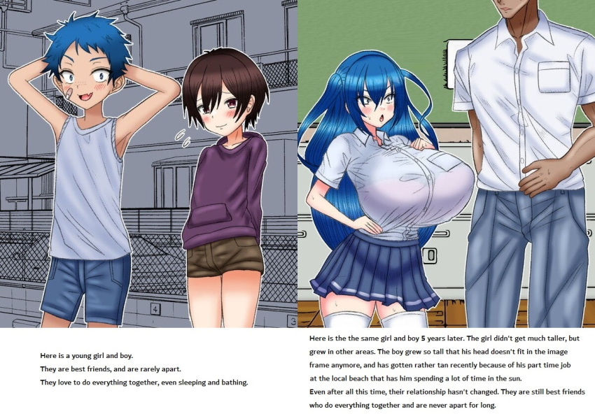 1boy 1girl age_progression alaruck_tui089 blue_hair breasts brown_hair english_text gigantic_breasts height_difference huge_breasts impossible_clothes impossible_shirt large_breasts long_hair original school_uniform shirt short_hair shortstack third-party_edit tight_clothes tight_shirt